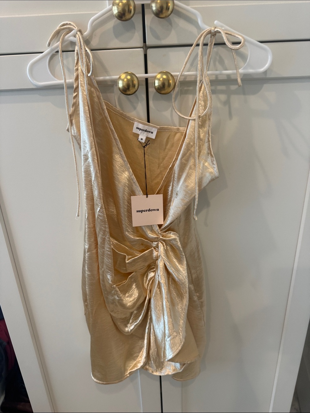 superdown Metallic Gold Tie-Shoulder Ruched Mini Chemise
